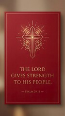 Fototapeta premium Minimal radiant blessing symbol in gold line, matte red background, luxury Christian poster, Bible verse “The Lord gives strength to His people — Psalm 29:11”