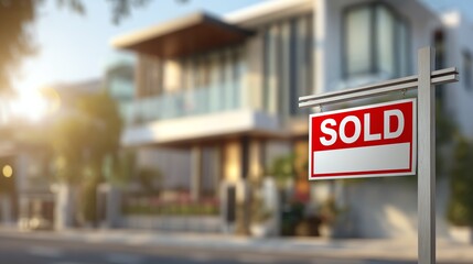 A modern house featuring a 'Sold' sign in the foreground, capturing the essence of real estate success and homeownership, with a beautifully landscaped exterior.