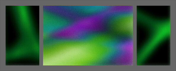 Obraz premium Dynamic triptych of green and purple gradients with soft waves and grainy texture evokes energetic motion, ideal for creative posters, event graphics, or digital branding.