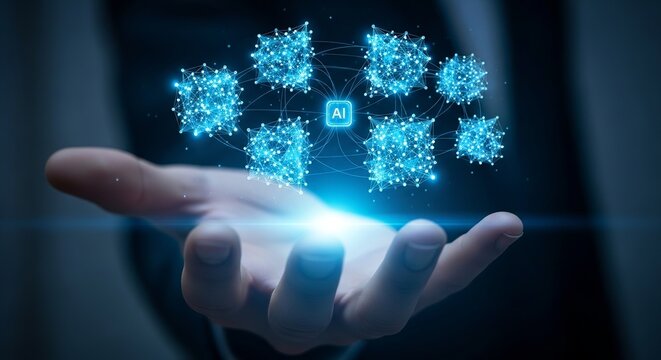 Conceptual visualization of artificial intelligence data processing demonstrating complex neural network connections floating above an outstretched open hand in a dark digital environment suggesting t
