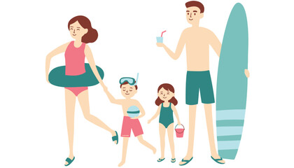 Fototapeta premium Family enjoying a day at the beach with surfboard and swimwear