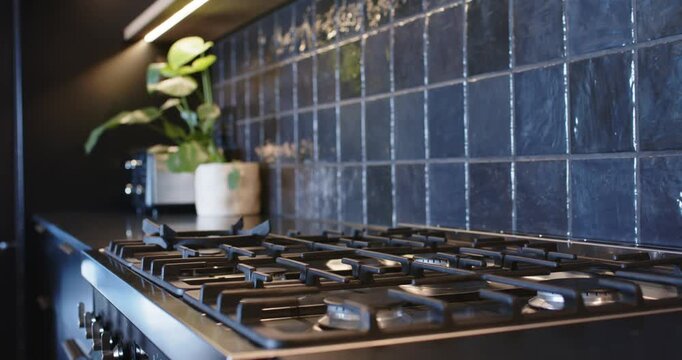 Camera is pulling back and tilting up in kitchen revealing gas range, tile backsplash, potted plant