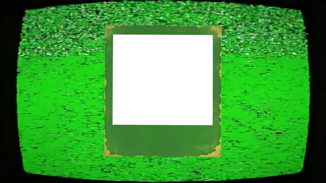 Chromakey Compositing Element with the retro vintage green frame of an old white instant photo over a bad tv vhs texture background scanlines distortion, screen overlay, glitch, static noise, scan