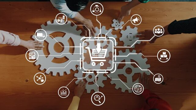 A dynamic scene showcasing teamwork in developing e-commerce strategies, illustrated with interlocking gears and a shopping cart icon to emphasize business collaboration and innovation. Raster