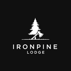 Obraz premium Rustic logo design featuring a pine tree and an axe for a lodge.