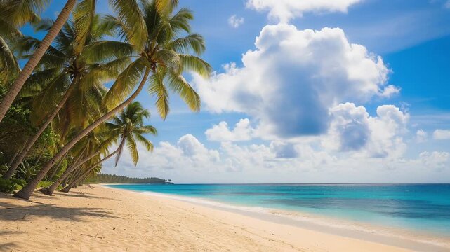 Tropical beach with palm trees and clear turquoise water under a bright blue sky with clouds