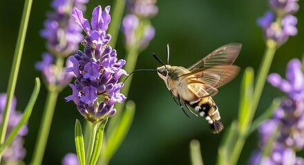 Fototapeta premium Hummingbird Hawk Moth Feeding on Lavender Flowers.