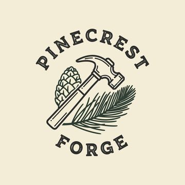 Vintage Pinecrest Forge Logo with Hammer, Pinecone, and Pine Branch.