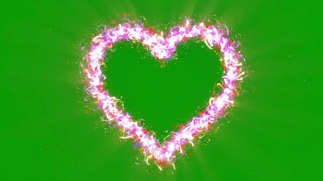 Abstract Heart Visuals with a young woman dancing on green screen background attractive girl making sign fingers chroma key distortion, overlay, glitch, static noise, scan lines black background, 4k