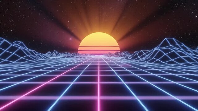 Retro style landscape featuring a vibrant sunrise over a futuristic gridscape, reminiscent of the 80s