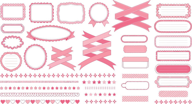 Pink Frames Ribbons Borders Set Cute Hand-Drawn Style Scrapbooking Decoration Vector Illustration