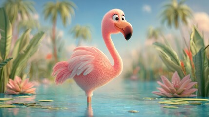 Obraz premium funny cartoon-style flamingo with soft pink feathers