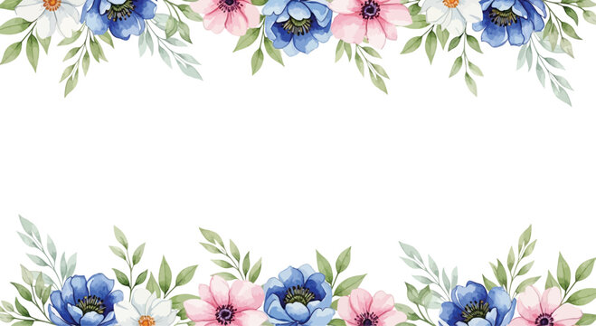 Watercolor floral border frame illustration with blue pink and white anemone flowers vector design for wedding invitation greeting card template