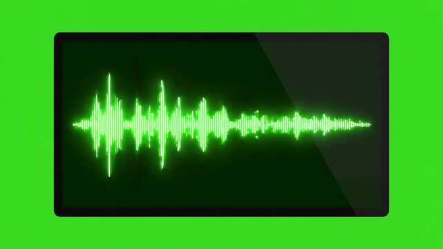 Sound Wave Technology with audio specturm green color recording studio computer screen 4k distortion, overlay, glitch, static noise, scan lines on black background, animated video loop