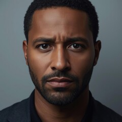 Obraz premium Close-up portrait of a serious man with dark curly hair, beard, and intense eyes against a neutral gray background.