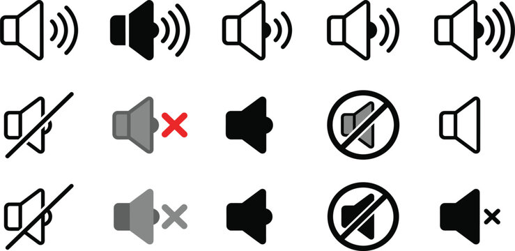 Collection of various sound and speaker icons representing different states of audio and silence in a grid layout