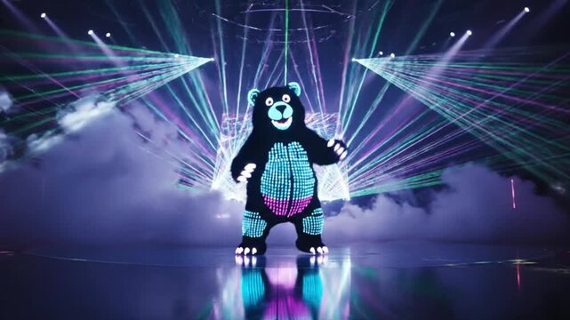 A vibrant neon bear mascot dances energetically on a smoky stage under dynamic purple and blue laser lights.
