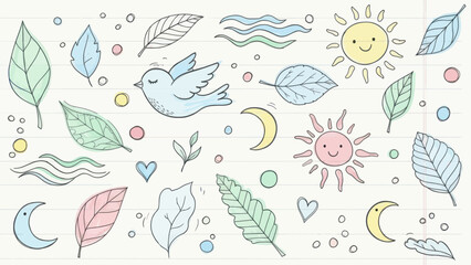 Hand-drawn nature elements with bird, sun, moon, and leaves in a whimsical style.