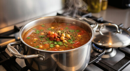 Steaming Pot of Colorful Vegetable Soup on Stovetop