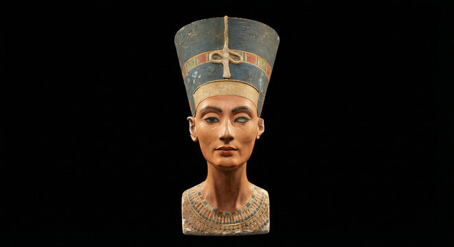 Ancient Egyptian Queen Nefertiti bust isolated on black background
