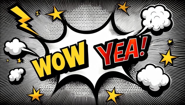 comic style black and white pop art sound effects with wow bang poof and yeah speech bubbles and lightning bolts