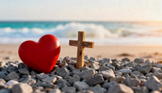 poignant close up of vibrant red heart and rustic wooden cross on gravel perfect for easter