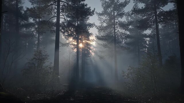 Misty forest with sun rays shining through tall pine trees in a serene natural landscape at dawn