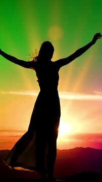 Green Screen silhouette young caucasian woman standing on the top of a mountain or roof watching sunset with beautiful landscape background chroma key scene 3 distortion, overlay, glitch, static