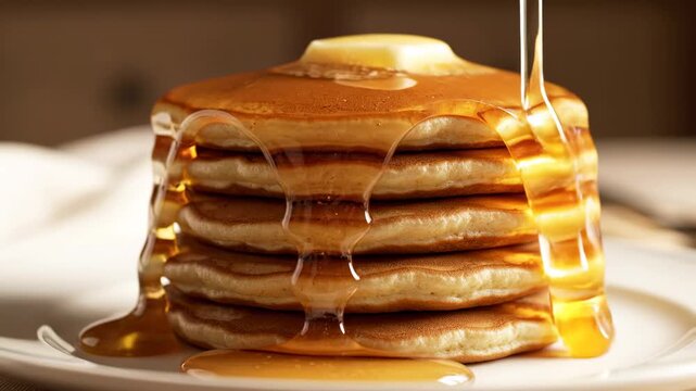 Stack of pancakes with syrup being poured on top.