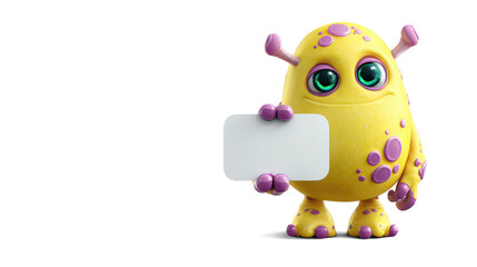 Fototapeta premium cheerful cartoon-style alien holding a white cardboard sign on white background.