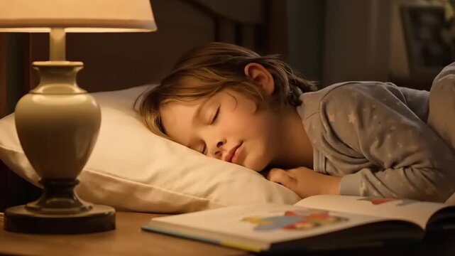 A young girl sleeps peacefully with a book beside her on a bedside table lit by a lamp in a cozy bedroom