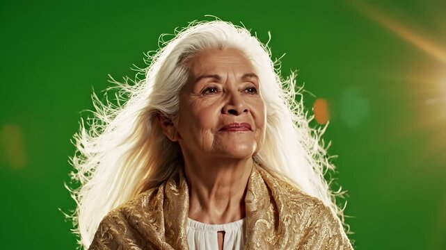 Green Screen woman with hair blowing in the wind on scene 2 distortion, overlay, glitch, static noise, scan lines black background, 4k animated video loop