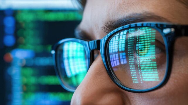Man wearing glasses reflecting code in futuristic neon lighting on digital screen for cybersecurity