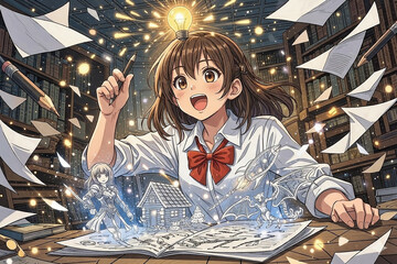 Anime schoolgirl having a creative idea, imagination coming to life from a notebook, creativity and innovation concept illustration
、アイデアがひらめく女子高生、ノートから想像の世界が広がる創造力コンセプトのアニメ風イラスト
