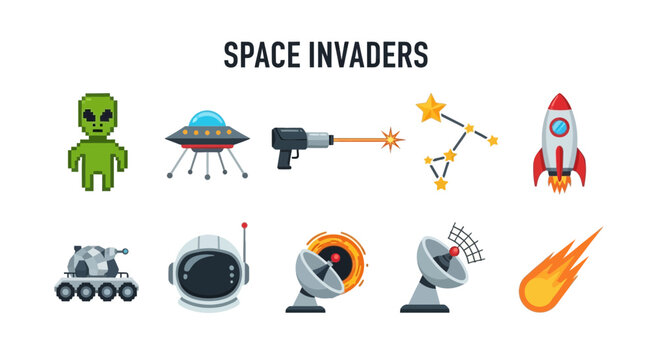 Collection of ten space and alienthemed icons under the title SPACE INVADERS