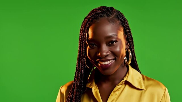 Green Screen slow motion portrait of an african american millennial woman looking at the camera on to be keyed or composited scene 3 with distortion, overlay, glitch, static noise, scan lines black