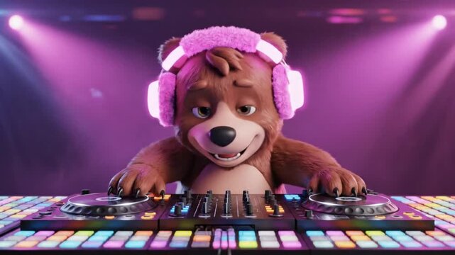 A charming 3d cartoon bear in pink headphones dances and djs on a vibrant stage with purple lights.