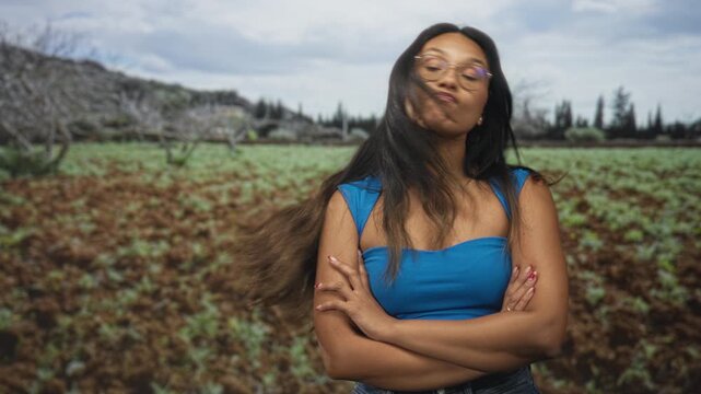 Woman with crossed arms and hair whipping sideways, wearing blue sleeveless top and glasses, standing before cultivated field and distant trees in a forest; youthful defiance.