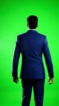 Green Screen fascinated and impressed business man looking up around turning shopping sales full length on chroma key background scene 1 with distortion, overlay, glitch, static noise, scan lines