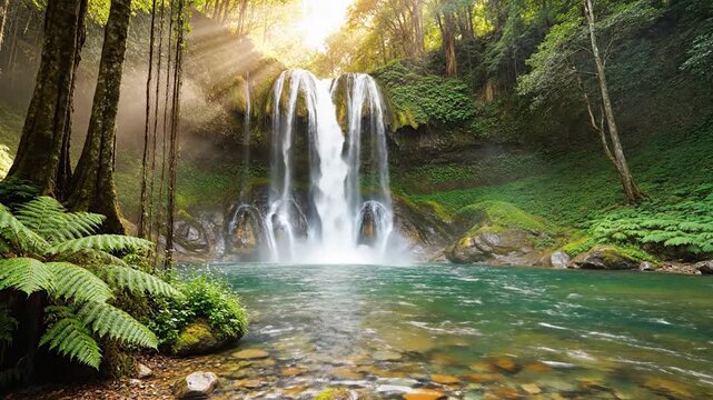 Majestic waterfall cascades into a clear river in a lush tropical forest