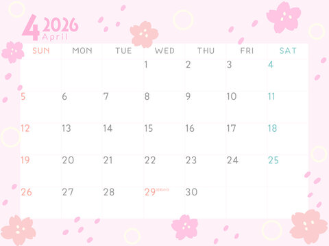 令和8年　2026年4月のカレンダー　手描きで可愛いさくら