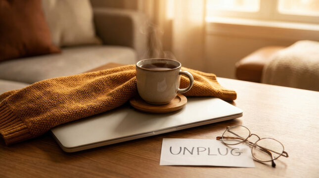 Cozy coffee cup laptop unplug note autumn sweater gen z mental balance mood on wooden desk warm light morning pause relaxation focus mindful break lifestyle