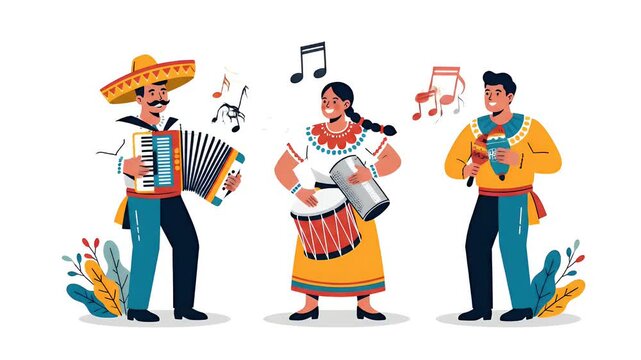 Mexican Mariachi Musicians Playing Accordion Drums Maracas Festive Music