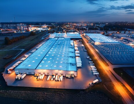 night aerial view of a warehouse of goods for online stores logistic center in the industrial area of the city from above