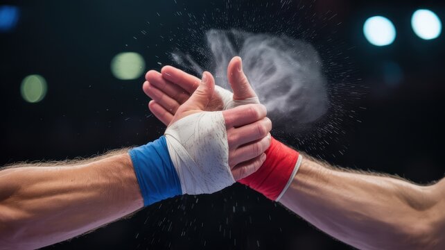 Intense athletes handshake with chalk dust in dramatic arena light symbol of teamwork sportsmanship strength and victory