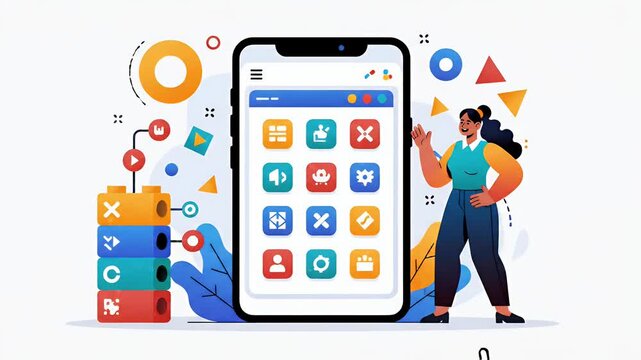 Mobile App Interface Design with Geometric Shapes and Person