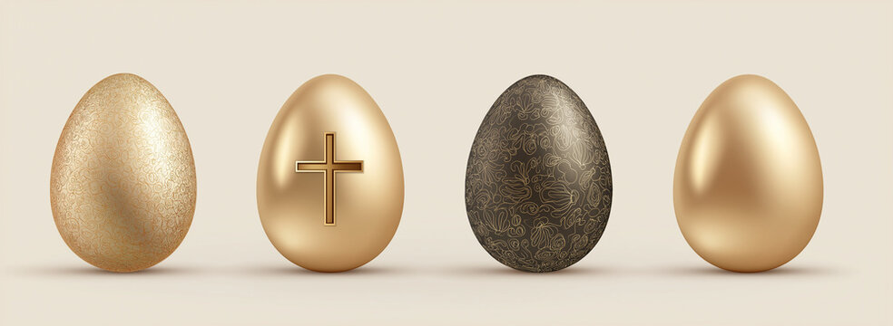 happy easter poster set with golden eggs and a cross on a white background, vector illustration design for a happy holiday greeting card, banner, or flyer
