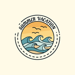 Summer Vacation Beach Waves and Sunset Logo Design.