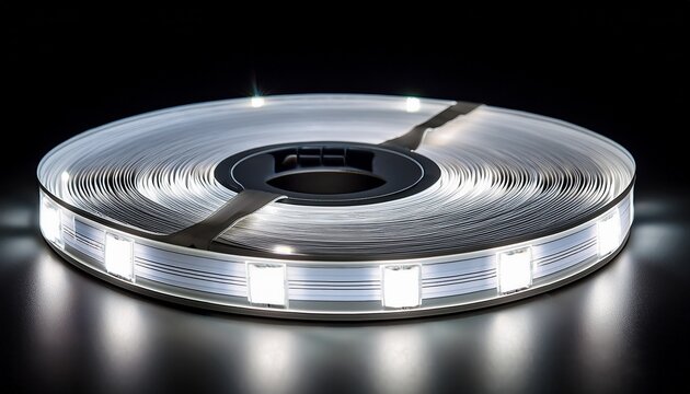 close up of led light strip illuminating a sleek modern surface with bright white glow on black background for interior design decor