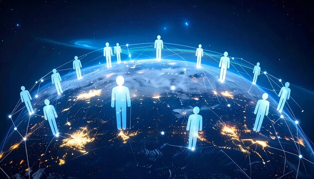 Blue digital Earth with user icons and network connections, symbolizing social media, communication, and global interaction.